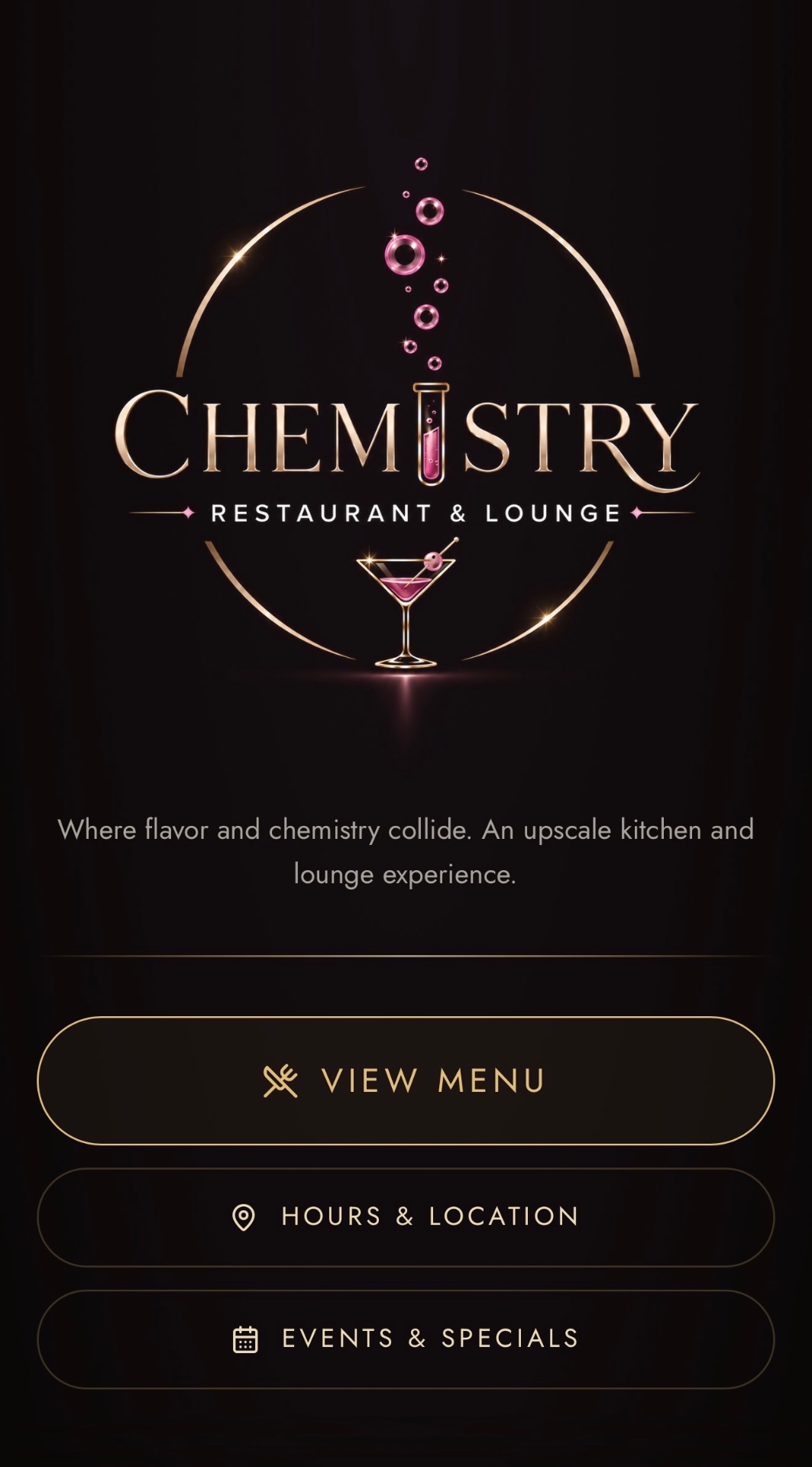 Chemistry Restaurant & Lounge mobile site home screen