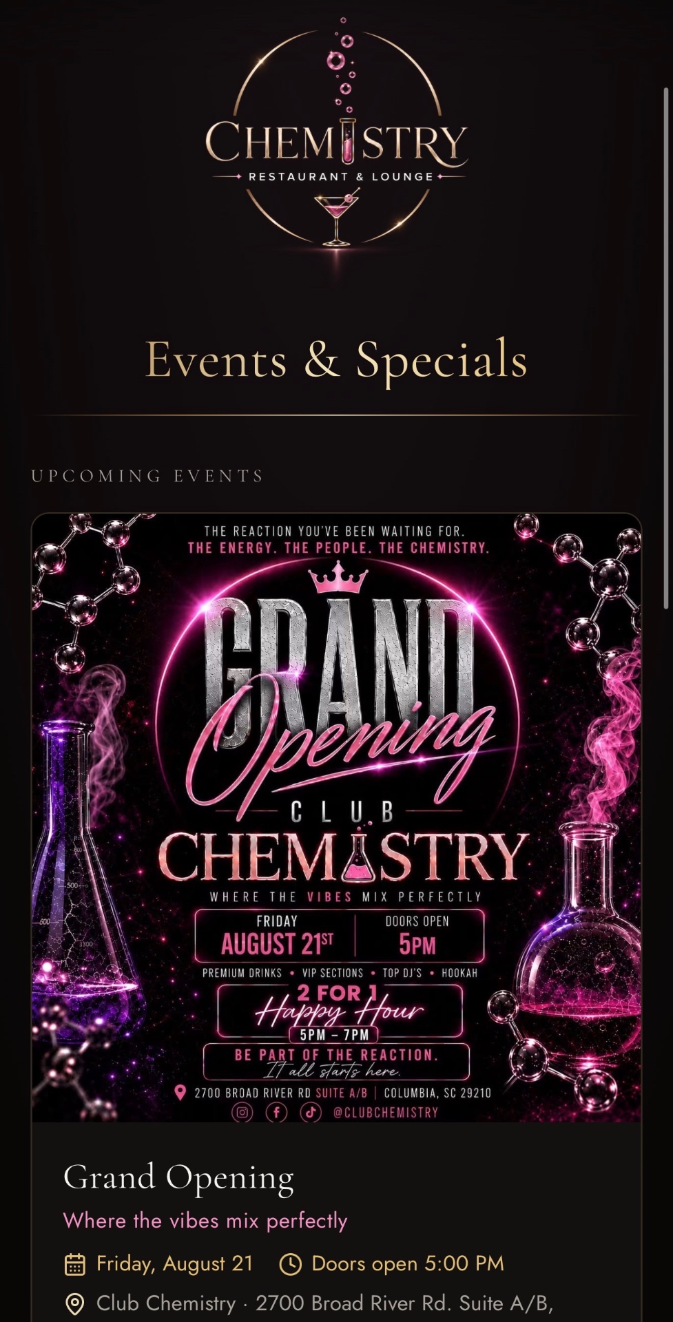 Chemistry Restaurant & Lounge events and specials page featuring the grand opening flyer