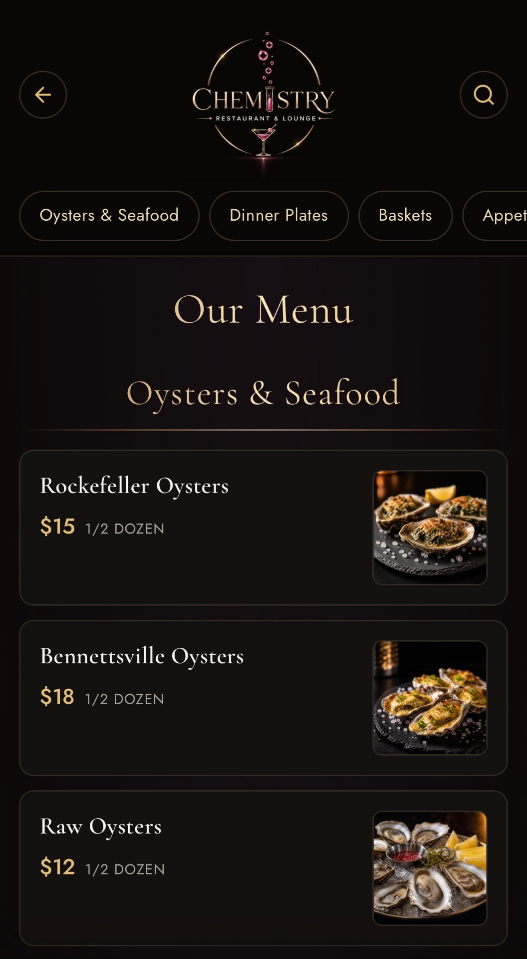 Chemistry Restaurant & Lounge digital menu