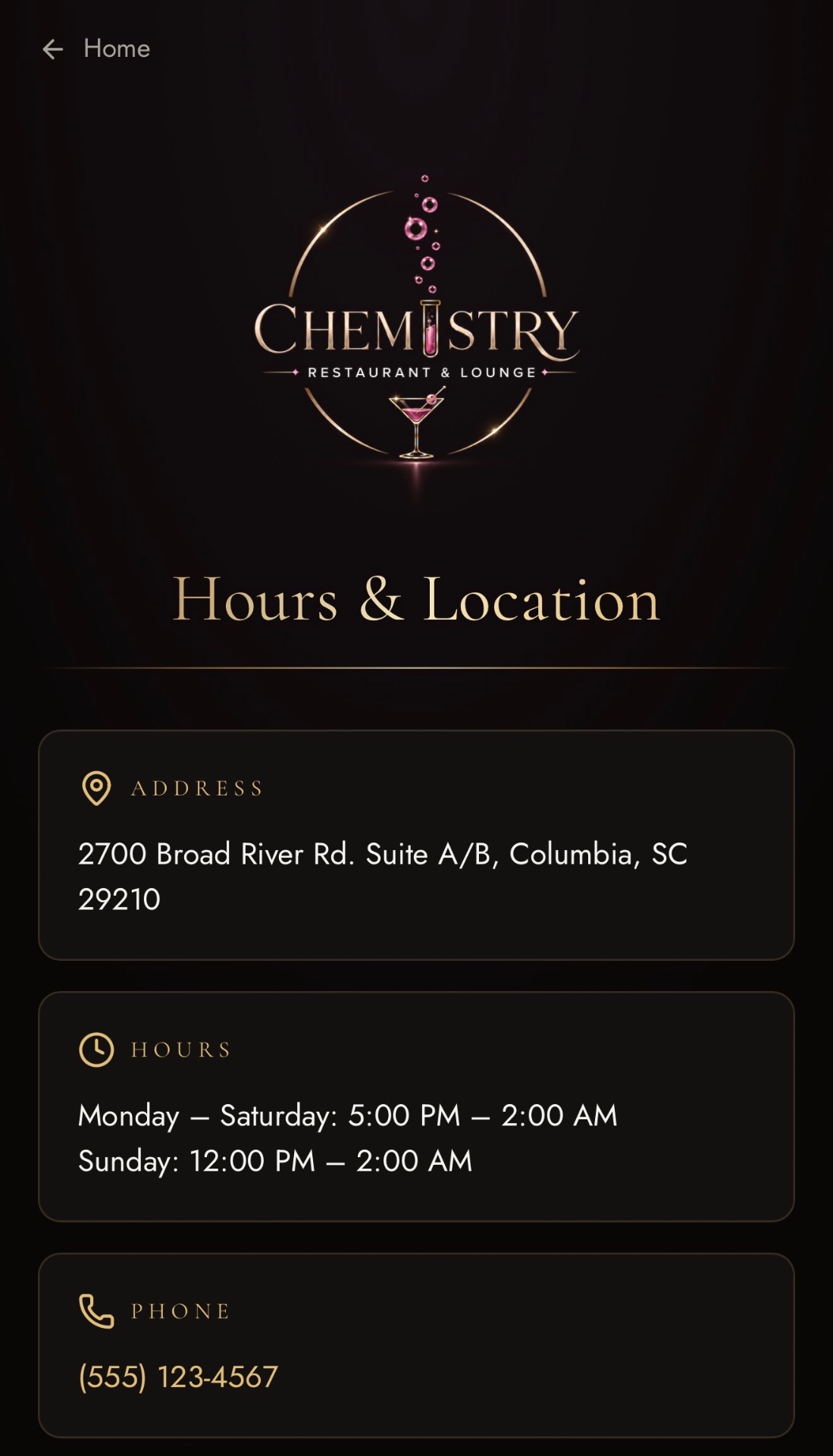 Chemistry Restaurant & Lounge hours and location page